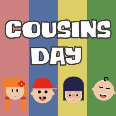 A Poster For Cousins Day With Cartoon Faces On A Colorful Background GIF
