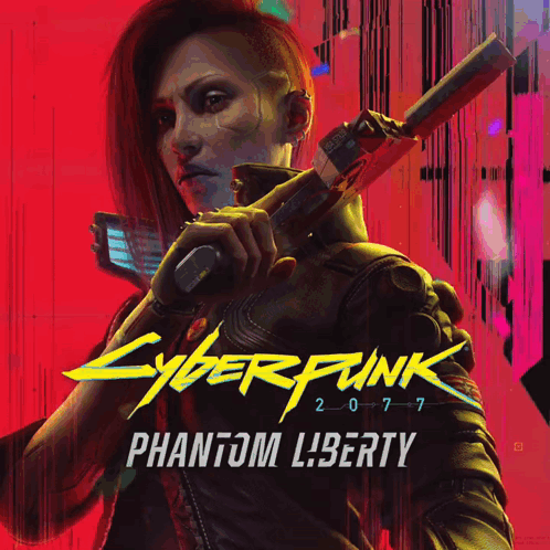 A Poster For Cyberpunk 2077 Phantom Liberty With A Woman Holding A Gun GIF