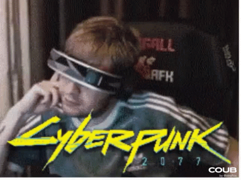A Poster For Cyberpunk 2077 With A Man Wearing Glasses GIF