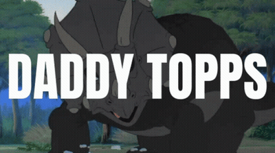 A Poster For Daddy Topps Shows A Triceratops In The Background GIF