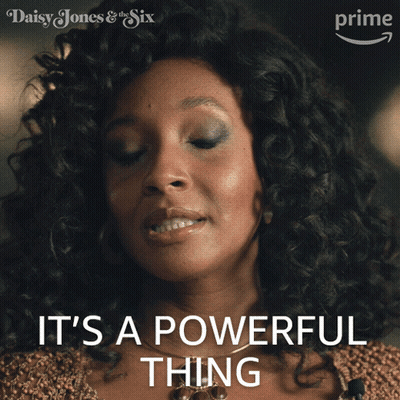 A Poster For Daisy Jones And The Six Shows A Woman With Curly Hair And The Words It 'S A Powerful Thing GIF