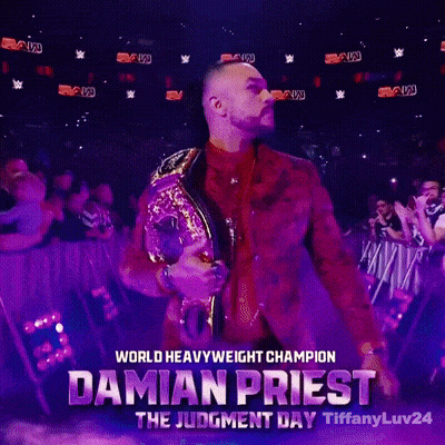 A Poster For Damian Priest Holding A World Heavyweight Champion Belt GIF