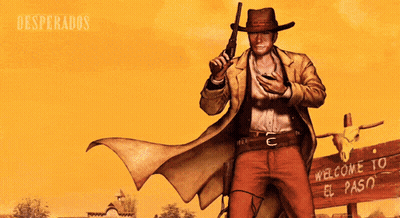 A Poster For Desperados Shows A Man Holding A Gun GIF