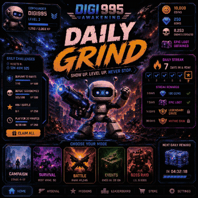 A Poster For Digi995 Awakening Daily Grind Showing A Robot With A Gun GIF
