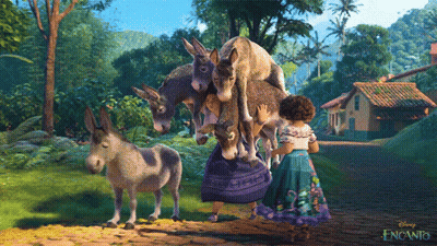 A Poster For Disney Encanto Shows A Girl Standing Next To A Bunch Of Donkeys GIF