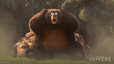 A Poster For Disney Pixar 'S Hoppers Shows A Bear Surrounded By A Bunch Of Stuffed Animals GIF