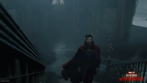 A Poster For Doctor Strange In The Multiverse Of Madness Shows A Man Walking Down A Set Of Stairs GIF