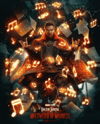 A Poster For Doctor Strange Multiverse Of Madness Shows A Man Surrounded By Music Notes GIF