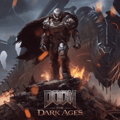 A Poster For Doom The Dark Ages With A Man In Armor GIF
