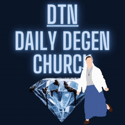 A Poster For Dtn Daily Degen Church With A Woman Standing In Front Of A Diamond GIF