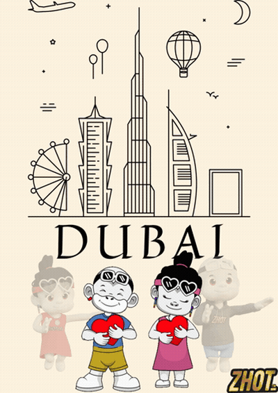 A Poster For Dubai With A Boy And Girl Holding Hearts GIF