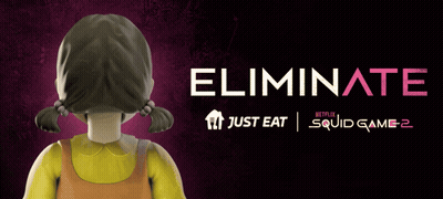 A Poster For Eliminate Squid Game 2 With A Doll On It GIF