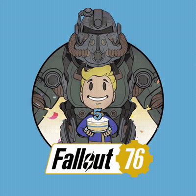 A Poster For Fallout 76 With A Robot And A Boy Holding A Cake GIF