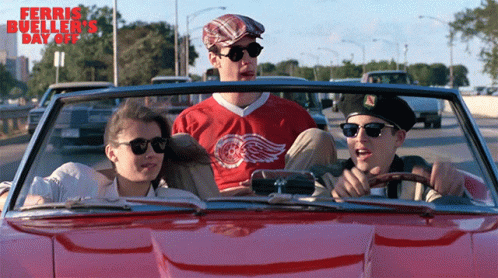 A Poster For Ferris Bueller 'S Day Off Features Three People In A Red Car GIF