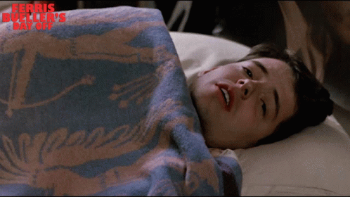 A Poster For Ferris Bueller 'S Day Off Shows A Man Laying Under A Blanket GIF