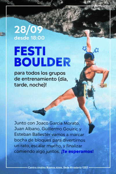 A Poster For Festi Boulder Shows A Man Climbing Up A Rock GIF