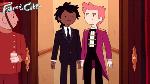 A Poster For Finna And Cake Features Two Men In Suits GIF