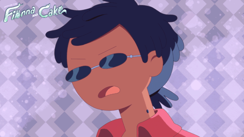 A Poster For Finna And Cake Has A Cartoon Character Wearing Sunglasses GIF