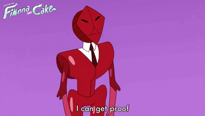 A Poster For Finna And Cake Shows A Red Robot In A Suit GIF
