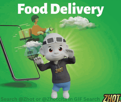 A Poster For Food Delivery With A Cartoon Character In Front Of A Cell Phone GIF