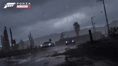 A Poster For Forza Horizon 5 Shows Two Cars On A Road GIF