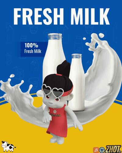 A Poster For Fresh Milk With A Cartoon Character GIF