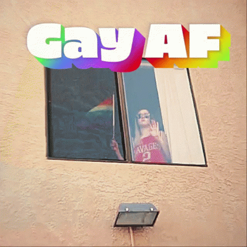 A Poster For Gay Af Shows A Woman In A Savage Jersey Looking Out Of A Window GIF