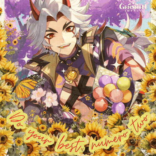 A Poster For Genshin Impact With A Character Holding Balloons GIF