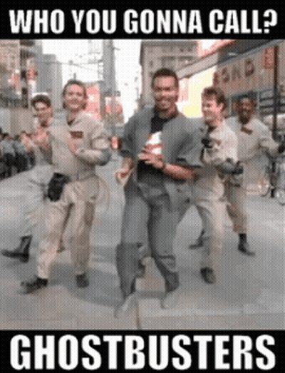 A Poster For Ghostbusters Shows A Group Of Men Running Down A Street GIF