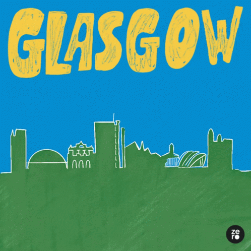 A Poster For Glasgow Or Bust With A Drawing Of A City Skyline GIF