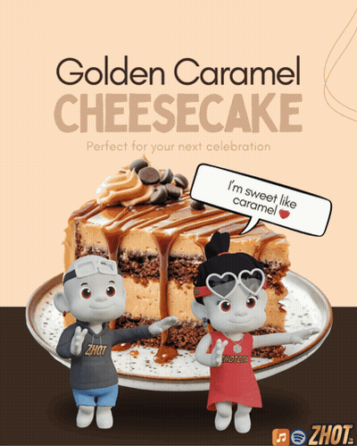 A Poster For Golden Caramel Cheesecake With Two Cartoon Characters On It GIF