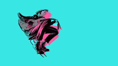A Poster For Gorillaz The Now Now Shows A Man Holding A Guitar GIF