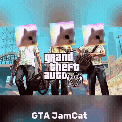 A Poster For Grand Theft Auto 5 Shows Three Men With Cats On Their Faces GIF