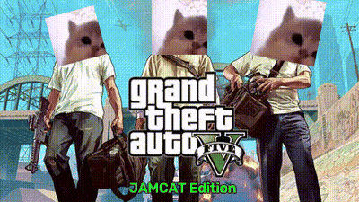 A Poster For Grand Theft Auto 5 Shows Three Men With Cats On Their Heads GIF