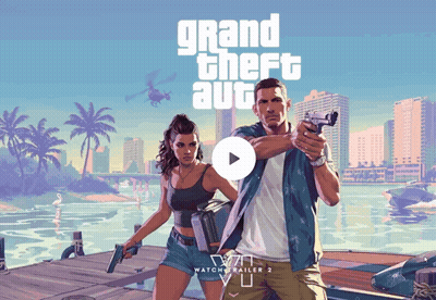 A Poster For Grand Theft Auto With A Man And A Woman Holding Guns GIF