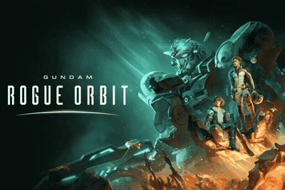A Poster For Gundam Rogue Orbit Showing A Robot And Two Men GIF
