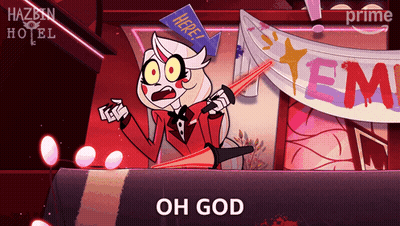 A Poster For Hazbin Hotel Shows A Cartoon Character Holding A Cone And Says Oh God GIF
