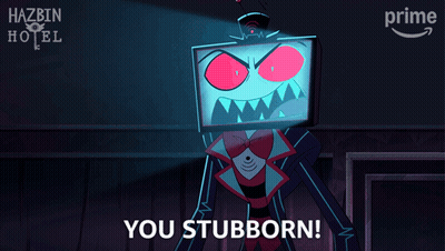 A Poster For Hazbin Hotel Shows A Cartoon Character With Red Eyes GIF