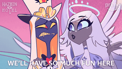 A Poster For Hazbin Hotel Shows A Man And A Woman Standing Next To Each Other GIF