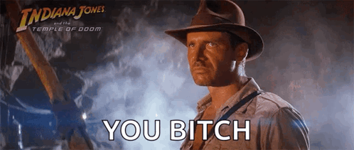 A Poster For Indiana Jones And The Temple Of Doom Shows A Man In A Hat Saying You Bitch GIF