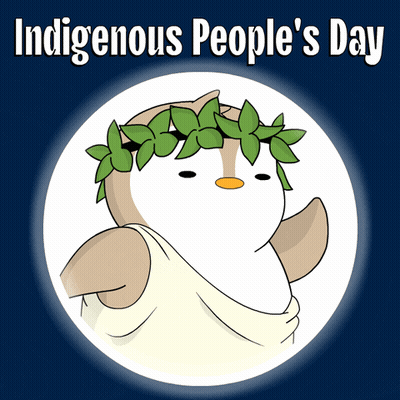 A Poster For Indigenous People 'S Day With An Owl Wearing A Laurel Wreath GIF