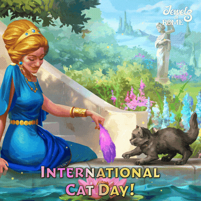 A Poster For International Cat Day With A Woman And Cat GIF
