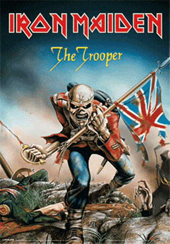 A Poster For Iron Maiden The Trooper With A Skeleton Holding A Flag GIF