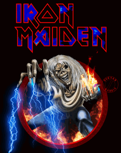 A Poster For Iron Maiden With A Skeleton Holding Fire And Lightning Bolts GIF