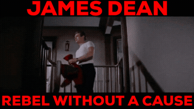 A Poster For James Dean Rebel Without A Cause With A Man On The Stairs GIF