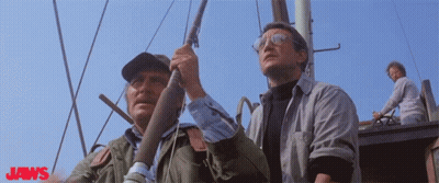 A Poster For Jaws Shows Two Men Fishing GIF