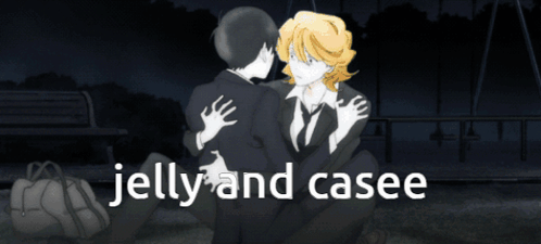 A Poster For Jelly And Casee Features Two People Hugging Each Other GIF