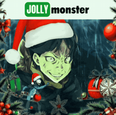 A Poster For Jolly Monster Shows A Green Monster In A Santa Hat GIF