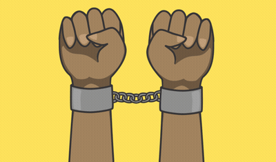A Poster For June Twentieth With A Fist And Chains On A Yellow Background GIF