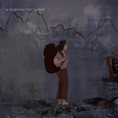A Poster For La Guarimba Film Festival Shows A Woman Carrying A Backpack GIF